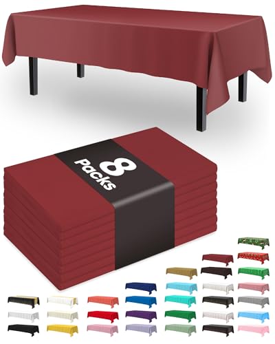 Pureegg Plastic Table Cloth Disposable 8 Pack, 54 x 108 Inch Table Cloths, Party, Thanksgiving Decorations, Harvest, Fall Tablecloths, Rectangle, Maroon Plastic Cover, Leakproof & Sturdy, Burgundy