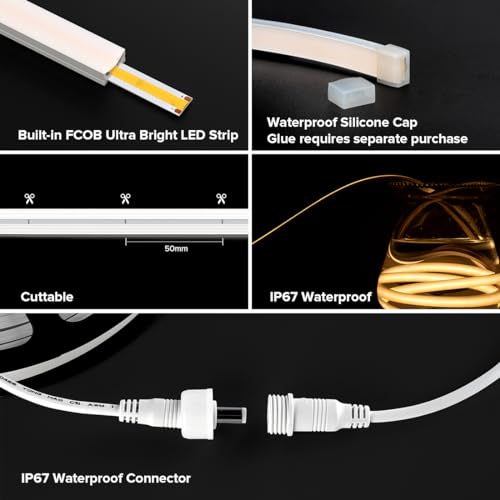 Tira LED COB IP67 16.4 pies Blanco Cálido 3000K DC24V miniatura 3