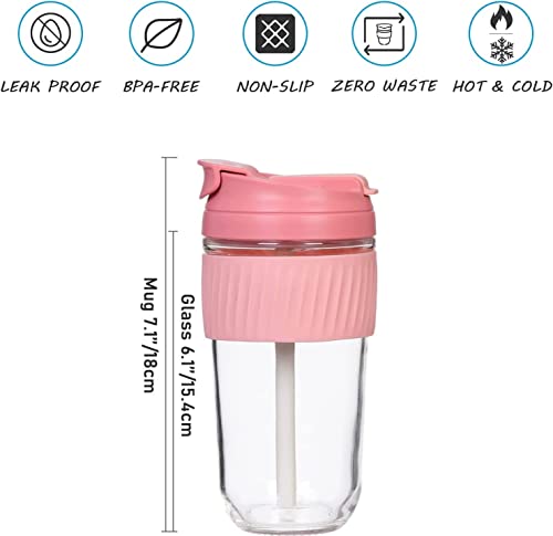 Image of Glass Coffe Mug with Lid and Straw, Reusable Sipper Bottle with Leather Sleeve Glasss Coffee Mug with Silicone Straw and Leakproof Lid Tumbler for Coffee (Dual Glass Mug)