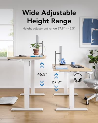 HUANUO 48" x 24" Electric Standing Desk Adjustable Height, 4 Memory Height Settings, Headphone Hook, Cable Manager, Sit Stand Up Desk for Home Office & Computer Workstation, Natural