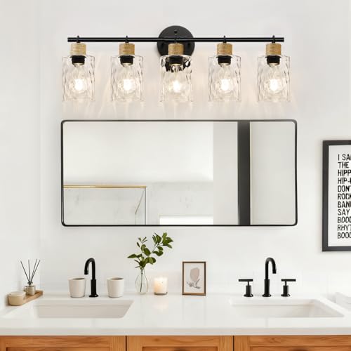 Image of MOKATNG Bathroom Light Fixtures, 5-Light Coastal Vanity Lights with Crystal Glass Shade, Black Bathroom Wall Lamp for Mirror Kitchen Hallway Cabinet