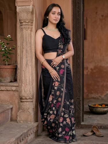 Image of SAMANTHA Black Floral Print Ready to Wear Linen Saree with Pocket & Adjustable Belt
