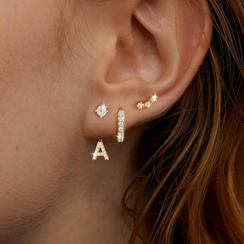 M MOOHAM Gold Stud Earrings Set for Women - 3 Pairs CZ Initial Dangle Stud Earring Gold Hoop Jacket Cartilage Earrings Stacks Hypoallergenic Earring for Multiple Piercing Gift for Women Trendy Jewelry2