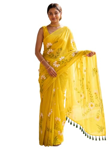 Image of AKHILAM Women's Cotton Saree with White Daisy Floral Prints Tassel Pallu Lightweight Summer Saree