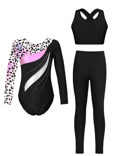 Miutii 3Pcs Mädchen Turnanzug Langarm Glitzer Gymnastikanzug Ballettanzug + Sport BH Tops + Hose Gymnastik Leotard Wettbewerb Tanzkostüm B Leopard 134-140