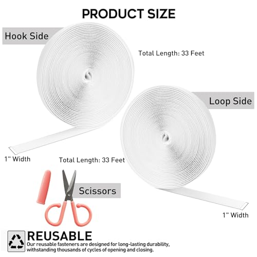 Image of MAXECHO 33Ft x 1 Inch Hook and Loop Tape with Adhesive Backing, Heavy Duty Double Sided Adhesive Strips, Strong Sticky Strips Rolls for Home, Office, School, Car, and Crafting Projects, White