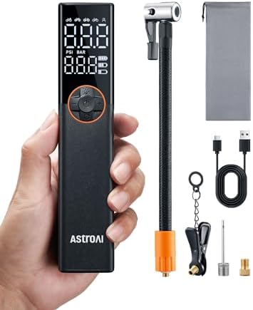 AstroAI L8 Portable Bike Pump, Bicycle Tire Inflator with Pressure Gauge, 150 PSI High Voltage Motor for Electric Mini Air Pump with Presta, Schrader, and Dunlop Valve for Road, Mountain, and E-Bike