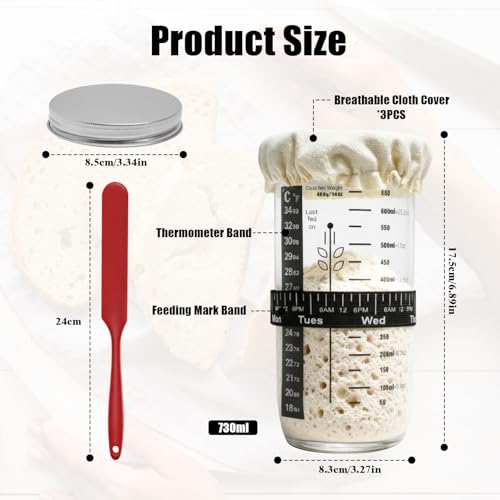 Zencantorous Sauerteig Starter Set, 730ml Sauerteig Glas, Sauerteig-Starterglas, Sauerteig Set mit Thermometer und Silikonspatel, für Brotbacken und Fermentation, 1 für Anfänger und Zuhause Backen