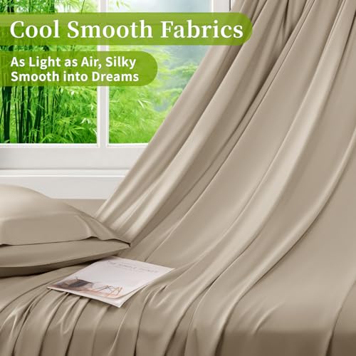 Shilucheng 100% Viscose Derived from Bamboo_ Sheets Queen Size 6pcs - Ultra Cooling & Silky Soft Bed Sheets, 16" Deep Pocket, Perfect for Hot Sleepers, Hotel Bedding Sheets (Simply Taupe)