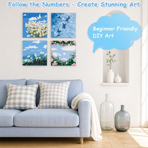 Image of HASTHIP 4PCS DIY Acrylic Paint by Numbers Kit with Frame, Floral & Landscape Canvas Art Set, Acrylic Paints & Brushes Included, Wall Decor Craft Kit for Adults & Beginners, 20x20cm