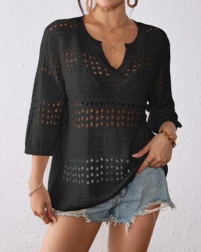 Bsubseach Crochet Tops for Women 3/4 Sleeve Swimsuit Coverup Beach Vacation Clothes Spring Summer Sweaters3