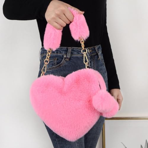 Furry Heart Shaped PurseHeart Shaped Faux Fur Purse Fluffy Crossbody Bag Chain Shoulder Bag Cute Clutch (White)2