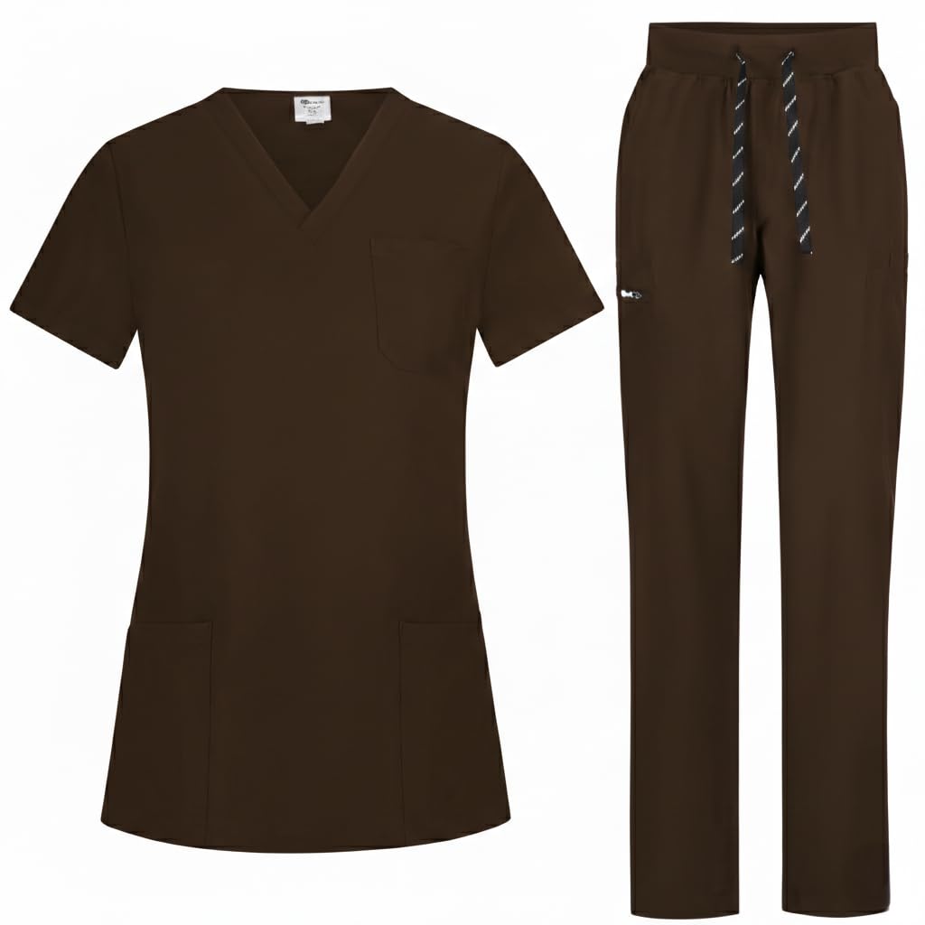 B-well BELLA Damen-Schrubb-Set Schlupfkasack + Schlupfhose Set Medizin Arzt Uniform Schlupfjacke Oberteil mit Hose Medizinische Berufsbekleidung mit Elastan (Braun, M)