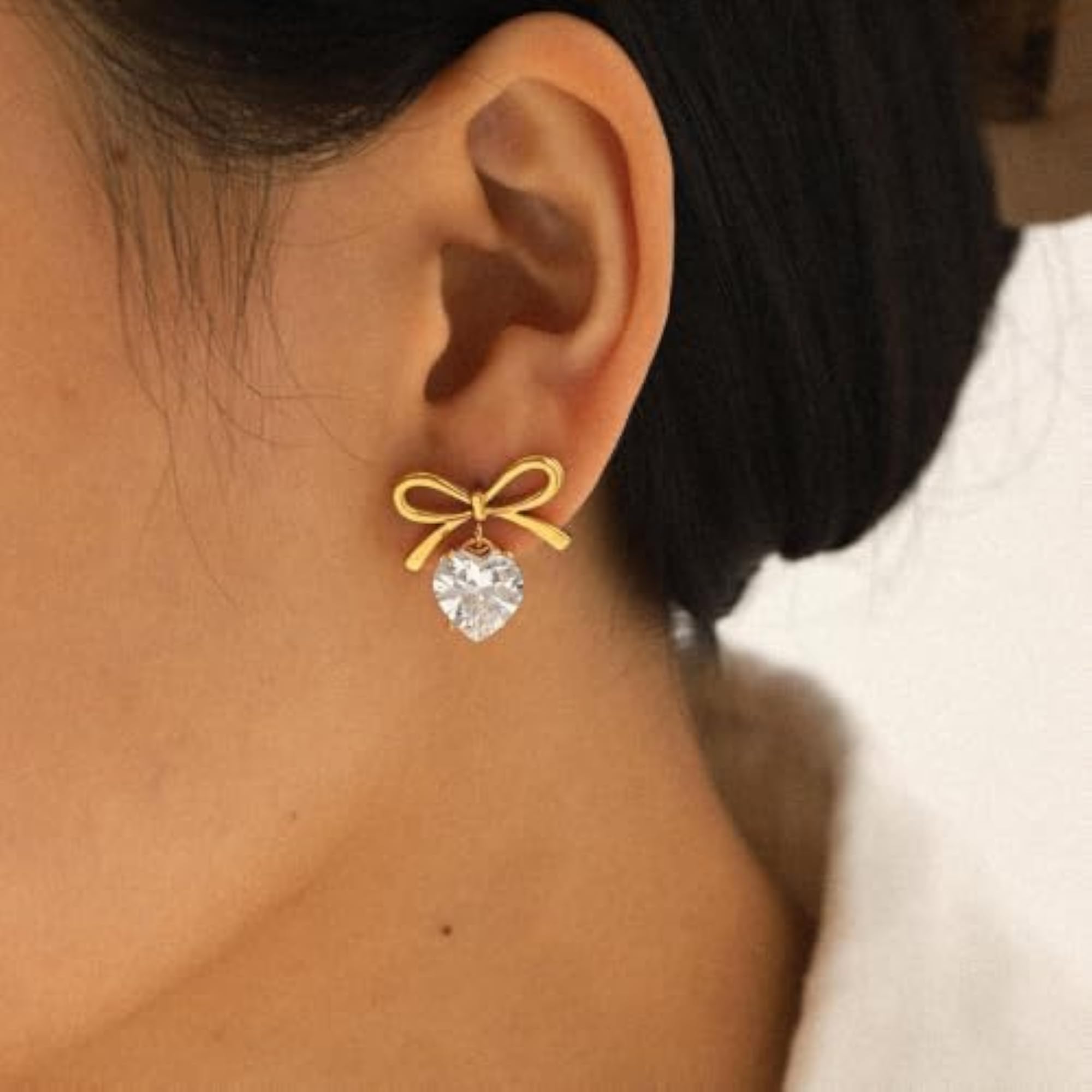Women's 18K Gold Plated Bow Heart CZ Drop Earrings, Gift for Her