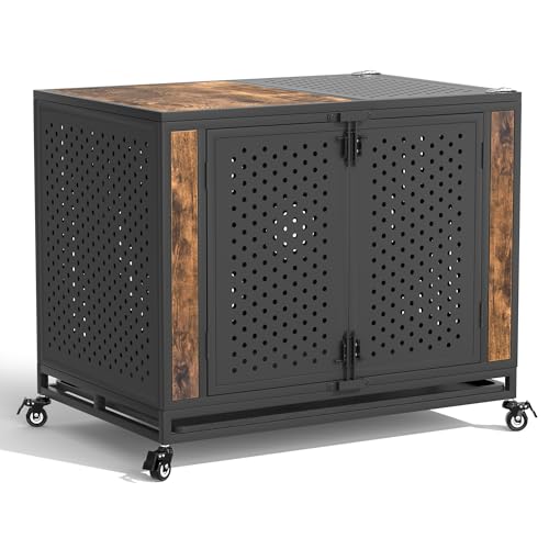 REXWELTEN 38 Heavy Duty Dog Crate Furniture for Medium and Large Dogs Enclosed Design with 0.5 inch Holes Indestructible Metal Kennel for High Anxiety Dogs Chew Proof Indoor Pet House Cage Brown