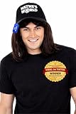 ALLAURA Compatible with Wayne’s World Wig and Hat – Black Mullet Wig with Wayne’s Cap for Men – 80s Rocker Costume, Heavy Metal Look, 1980s Party Outfit, Funny Halloween or Couples Costume Accessory
