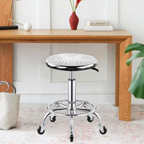 ZWJLIZI Rolling Stool, Stainless Steel Workbench Stool, Adjustable Swivel Stool Medical 5 Wheels, 304 Stainless Steel Structure Laboratory Round Pad, Load Capacity 445 lbs (Silver)
