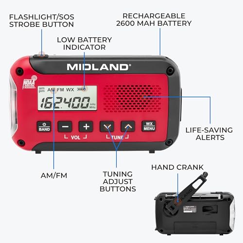 Image of Midland ER50 Emergency Radio with Weather Alert and Flashlight - Hand Crank or Solar Power NOAA Weather Radio for Home or Travel with AM /FM Tuner