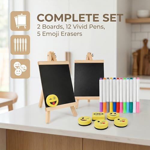 Juego de 2 Pizarras Pequeñas con Soporte de Madera Plegable, Pizarra Tiza 17.5x16cm, Incluye 12 Rotuladores de Tiza Fluorescentes Borrables y 5 Borradores Magnéticos para Pizarra Blanca - imagen 3