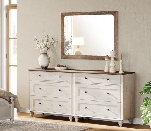 Image of WAMPAT Kids Dresser for Bedroom with 6 Drawers, Baby Dressers with Wide Chest of Drawers, Farmhouse Wooden Closet Storage Organizer, Large Wood Dressers for Living Room, Nursery, Hallway, Rustic White