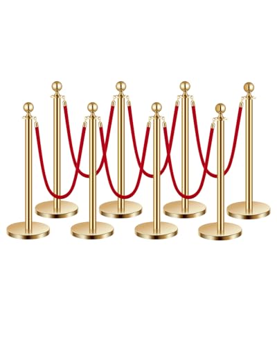 VEVOR Poteau de guidage, 8 pcs, barrière de balisage pour contrôle de foules, avec base creuse, 6 cordes velours rouge et poteaux dorés en acier inoxydable,...