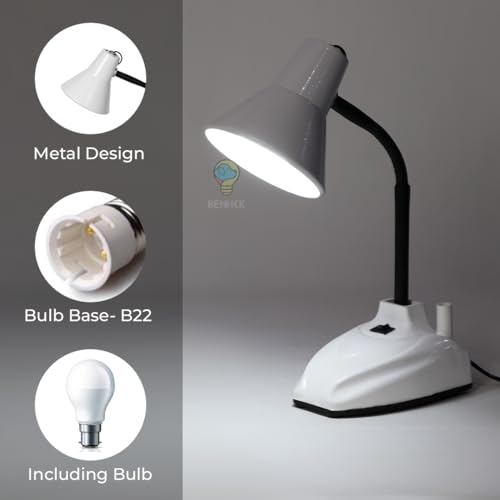 Image of BEHMEK Adjustable LED Study Table Lamp | Metal Desk Light for Reading, Writing, Learning, Work from Home & Office | Flexible Neck Eye Care Lamp for Students (White)
