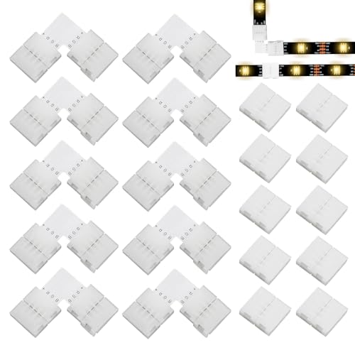 20PCS Connettori LED 4 Pin 10mm per Strisce LED RGB SMD 5050, Angolari Striscia LED a 4 pin 10 mm a Forma di L 10 pezzi e Senza Saldatura Connettore 10 pezzi, Adattatori LED Strisce Angoli Estensioni