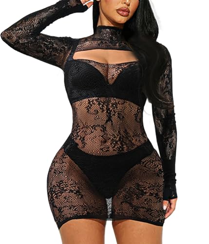 Buitifo Vestido de lingerie de mulher pijama mini vestido de rede de pesca Bodycon, Preto, M