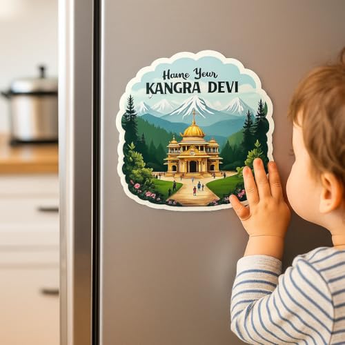 Image of Naxon Kangra Devi Temple Souvenir Wooden Fridge Magnet | Shri Bajreshwari MATA Mandir 3x3 Inch Refrigerator Magnet | Printed Wooden Travel Souvenir for Home & Kitchen Decor | Pack of 1