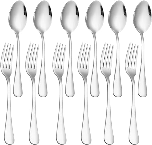 Set di 12 cucchiai e forchette in acciaio inox per uso alimentare, set di posate in argento per casa, cucina e ristorante, lavabile in lavastoviglie