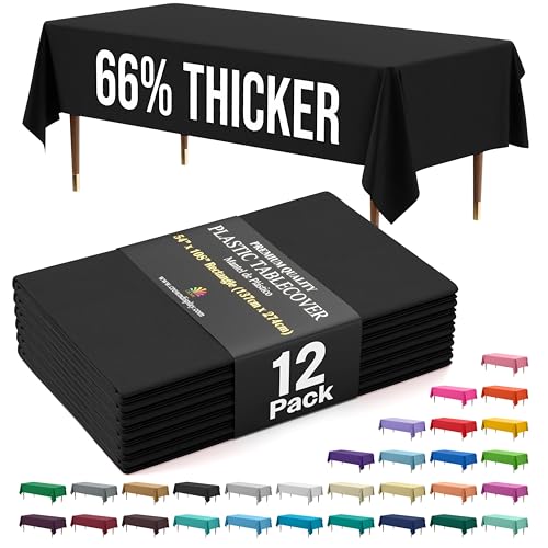 Party Solids 66% Thicker Premium Plastic Table Cloth Rectangle Table Cover 0.5 Mil 12 Pack Black Table Cloth 54 Inch x 108 Inch Disposable Tablecloth Won't Tear Easily Like Cheap Thin Brands