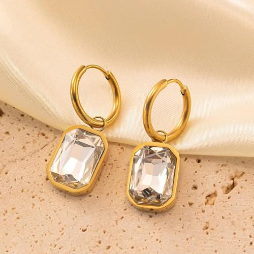 Image of El Regalo Stainless Steel Rectangular Cut Rhinestone Hoop Earrings - Elegant 18K Gold Plated Waterproof Vintage-Inspired Cubic Zirconia Huggie Hoops for Women
