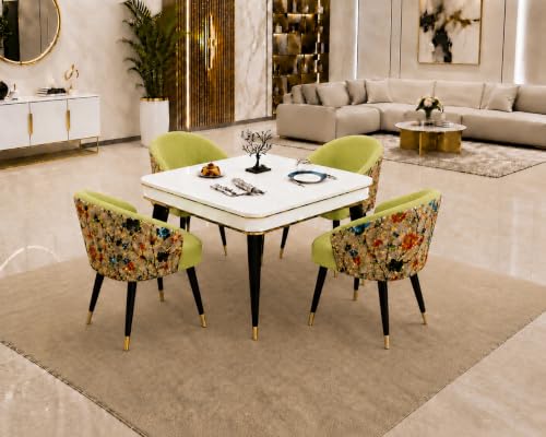 Image of WOODEN SPACE 4 Seater Wooden Dining Table Set | Urban Marble Top Dining Table with Chairs for Dining Room & Kitchen (Modern Classic Print Light Green) (42 x 42 x 30 inch)