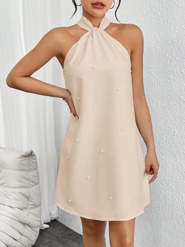 Image of Floerns Women's Pearl Beaded Halter Twist Sleeveless Tie Back Dress A Line Dress