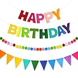 CANREVEL Pre-Strung 3D Happy Birthday Banner, 3 PCS Rainbow Happy Felt Garland, Pom Pom Garland, Triangle Fabric Bunting, Reusable Rainbow Birthday Decorations for Girls Boys Women Men
