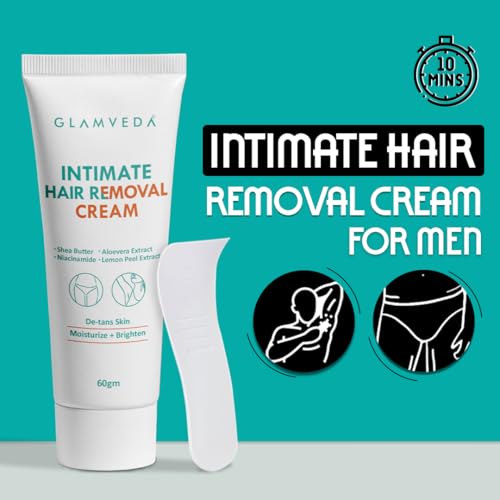 Image of Glamveda Intimate Hair Removal Cream for Men 60g | Pubic Hair Removal | Painless, Faster, Soothing | Brighten, Non Irritating | For Sensitive Body Areas | Body Hair Remover | All Skin Type