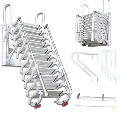 Wall-Mounted Folding Stairs for Attic, Outdoor Attic Ladder Pull Down System, Retractable Loft Ladder with Armrests Handle, 12 Pedals Steps Ladder Extension Staircase Up to 600lbs (White, 12 Steps)
