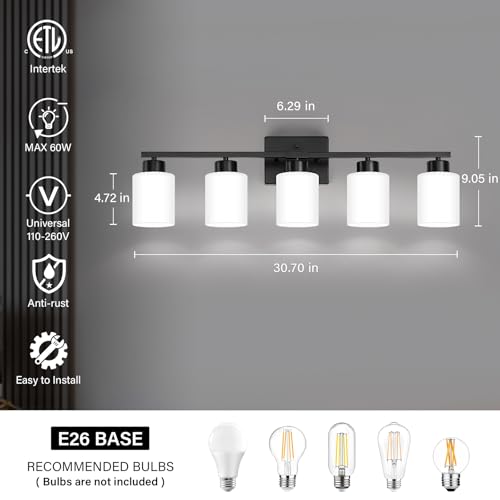 Image of FonmYim Black Bathroom Light Fixtures, 5-Light Modern Vanity Light Over Mirror, Wall Sconces with Milky White Frosted Glass Shades, E26 Socket (Bulbs Not Included)