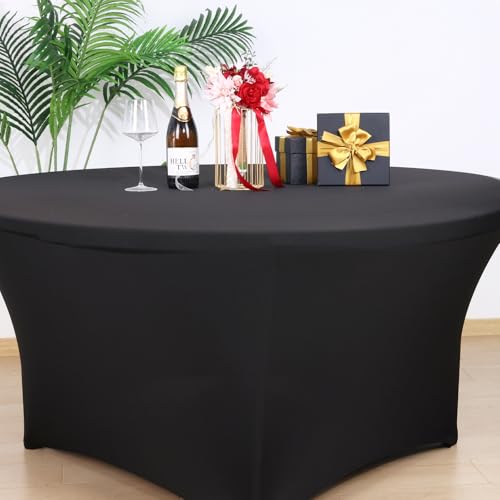 Image of Fixwal 4 Pack 60 Inch Round Tablecloth, Fitted Spandex Round Table Cloths - Washable Black Stretchable Table Cover, Elastic Fabric for Wedding, Party, Restaurant, Christmas, Thanksgiving