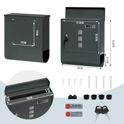WOLTU Briefkasten Postkasten mit Zeitungsfach Sichtfenstern Namensschild, Wandbriefkasten abschließbar, mit 2 Schlüsseln, modern, Anthrazit, 30,5x33,5x9 cm