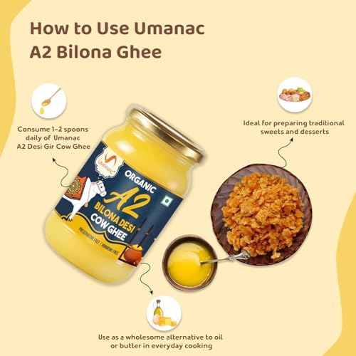 Image of Umanac Organic A2 Bilona Desi Cow Ghee 500 ml | Certified Organic | Grass Fed Desi Cow Milk | Traditional Bilona Method