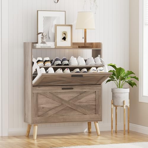 Image of Homleke Farmhouse Shoe Storage Cabinet with Flip Drawers & Barn Door Design | Slim Narrow Shoe Rack Cabinet with Adjustable Shelves & Hidden Storage for Entryway, Foyer, Hallway, Living Room, Greige
