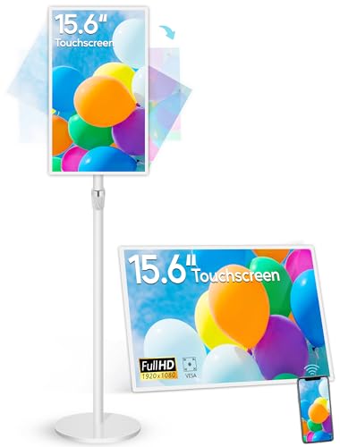 Image of 15.6 inch Digital Signage with 10000mAh Battery, Capacitive Touchscreen Advertising Display, Adjustable Stand, Android 13 Commercial LCD Monitor with Auto Play, Wireless Screen Mirroring, 4+64GB, White