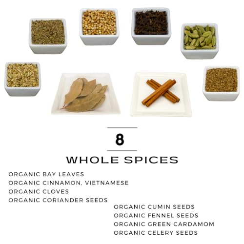 Organic Whole Spice Starter Gift Set Kit | Vietnamese Cinnamon Sticks | Green Cardamom | Cloves | Bay Leaves Leaves | Cumin Fennel Coriander Celery Seeds