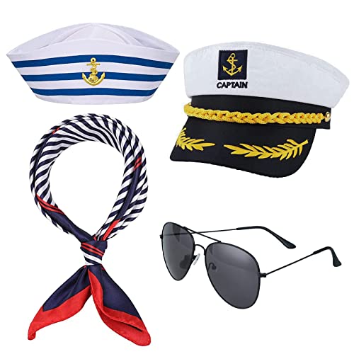 Kavoc - Kavoc 4 Pieces Yacht Captain Hat Sailor Ship Cap and Scarf Sunglasses Navy Sailor Hat Boat Navy Hat White Sailor Cap for Adult Teens Men Women Captains Dressing up Party