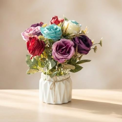 Image of Dekorly Artificial Lavender Plant in White Pot, 18cm - Realistic Faux Flower Arrangement for Home & Office Decor (Set of 1) (1, Big Rose)