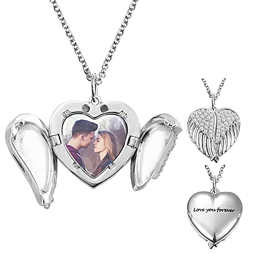 Heart Angel Wing Custom Photo Locket Necklace For Women 925 Sterling Silver/Brass Personalized Engraved Memorial Picture Locket Pendant Necklace For Mom Inspirational Jewelry Christmas Gifts For Her