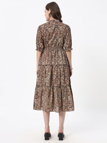 Image of Women's Fit and Flare Dress I Pure Cotton Long Summer Maxi Dress I V-Neck I Casual Wear I Printed Kalamkari Floral Middi