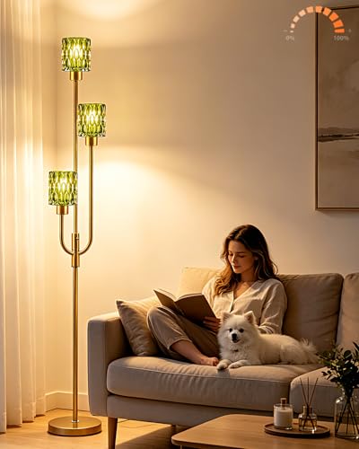 Image of 66IN Glass Floor Lamp 3-Lights Modern Gold Dimmable Floor Lamps with 3000K Warm White Bulbs for Wedding Party Tall Standing Lamp with Green Glass Shade for Living Room /Bedroom /Home Decor
