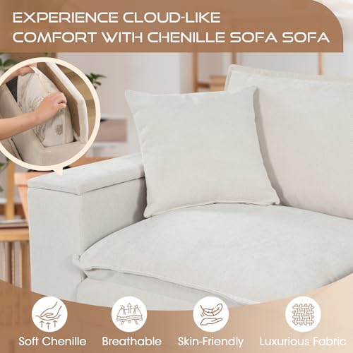 Image of 97 inch L Shaped Couch Corner Sofa, 5 Seater Oversized Cloud Couch with 2 Pillows Chenille Modular Sectional Sofa Armrests with Two Hidden Storage Space Sectional Couches for Living Room Beige